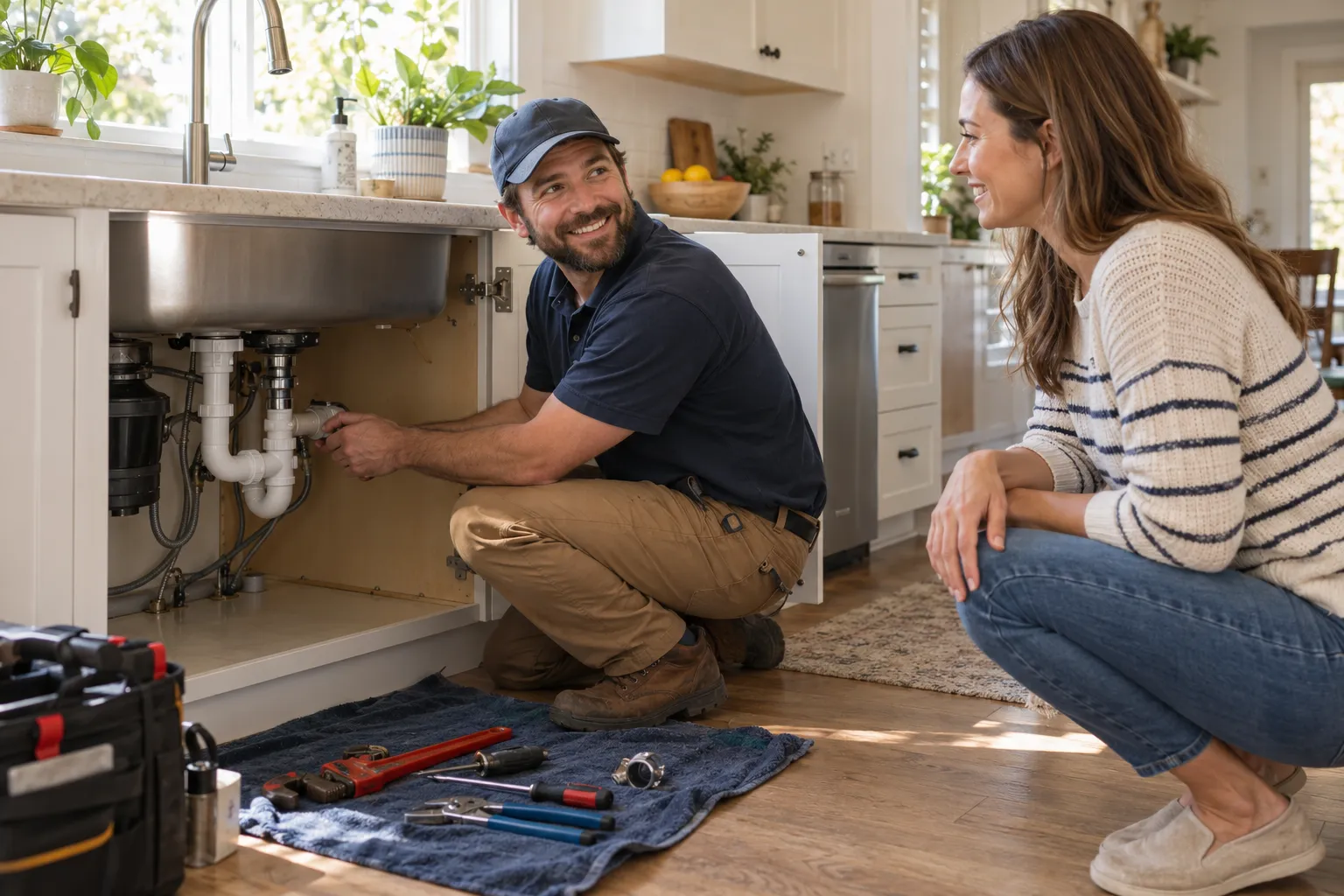 A local plumbing provider looking over a kitchen sink drain with a homeowner