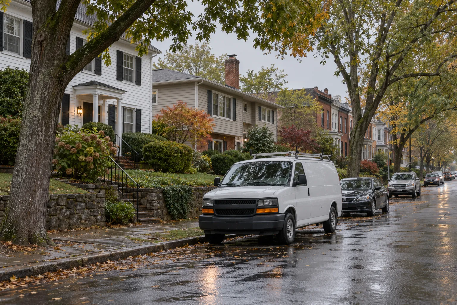 A colonial home and tree-lined street in the Annapolis area on a cloudy day